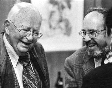 Photo: Professor Emeritus of Classics Kendrick Pritchett, left, chats with Arthur Eckstein, a University of Maryland professor