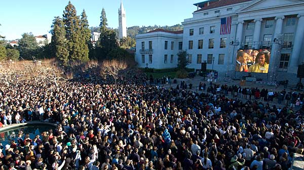 Crowd on Sproul watching inauguration