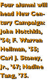 Four alumni will head New Century Campaign:  John Hotchkis, '54; F. Warren Hellman, '55; Carl J. Stoney, Jr., '67; Nadine Tang, '75.