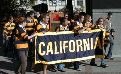 Students parade the Axe past Hildebrand Hall