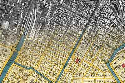 Tokyo map blends historic cartography, modern satellite photo