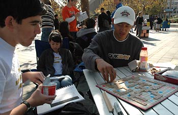 Matthew Gilbert and Albert Wu play Scrabble on Sproul Plaza