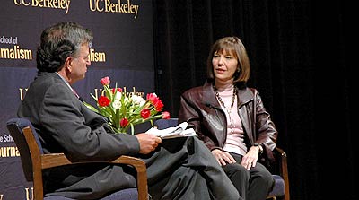 Lowell Bergman and Judith Miller on stage at Wheeler Hall