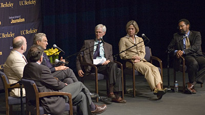 George Soros speaks as (from left) Mark Danner, Lowell Bergman, Orville Schell, Dana Priest, and Christopher Edley, Jr. look on at a Sept. 19 UC Berkeley forum.