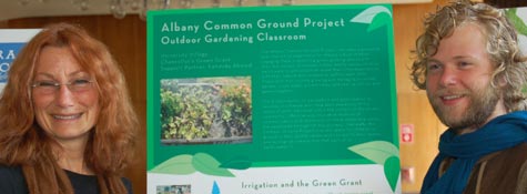  In a poster presentation at the campus's fifth Sustainability Summit, University Village staff member Pepper Black and Jonathan Irvin '07, describe a children's gardening project at the Village, made possible by a 2007 Green Fund Grant