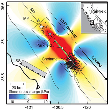 Map of shear stress changes in Parkfield quake zone