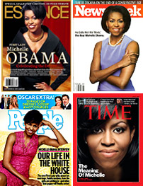 Magazine covers of First Lady Michelle Obama.